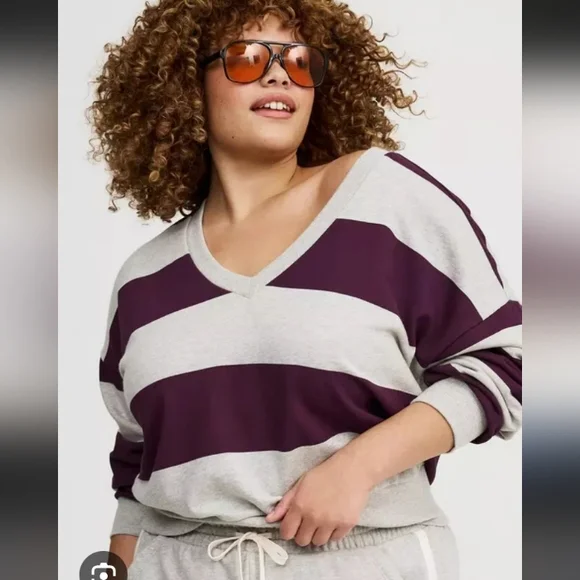 Drop Shoulder V-Neck PulloverStriped V-Neck Sweater - Purple and Gray - Picture 1 of 11